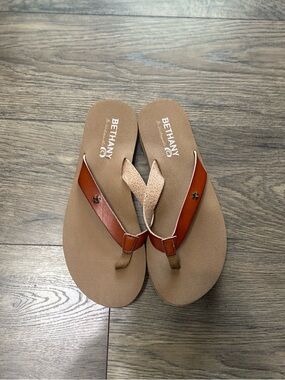 Bethany Tan Leather-Trim Flip Sandals